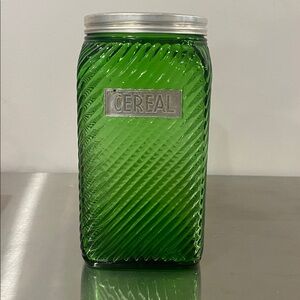Owens Illinois Green Jar 7" With Lid Hoosier Jar CEREAL label